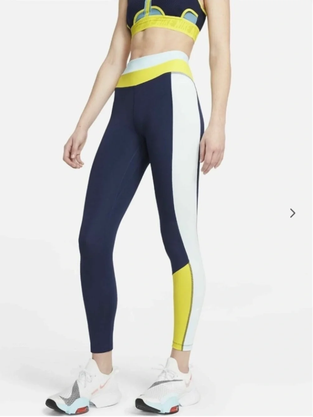 Nike Women's training Colorblock High-Waist Leggings in Navy, White & Yellow